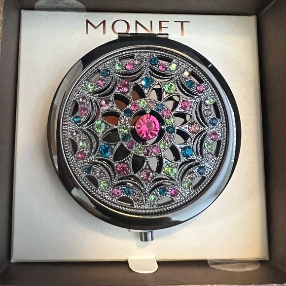 NIB Monet Pink and Black Decorative Compact Mirror - Picture 3 of 8